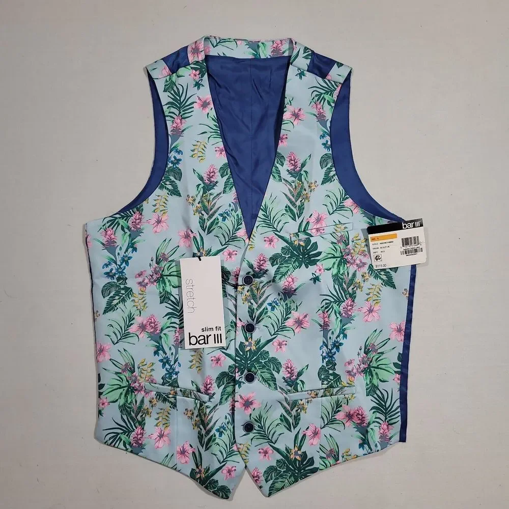 Bar‎ III Slim-Fit Floral-Print Suit Vest Mens Small Blue Pink $100 NEW